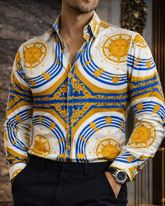 Camisa Hombre Casual Blanca Soles Figuras Doradas Azul