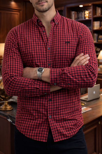 Camisa Hombre Casual Mini Cuadros Rojos, Negros