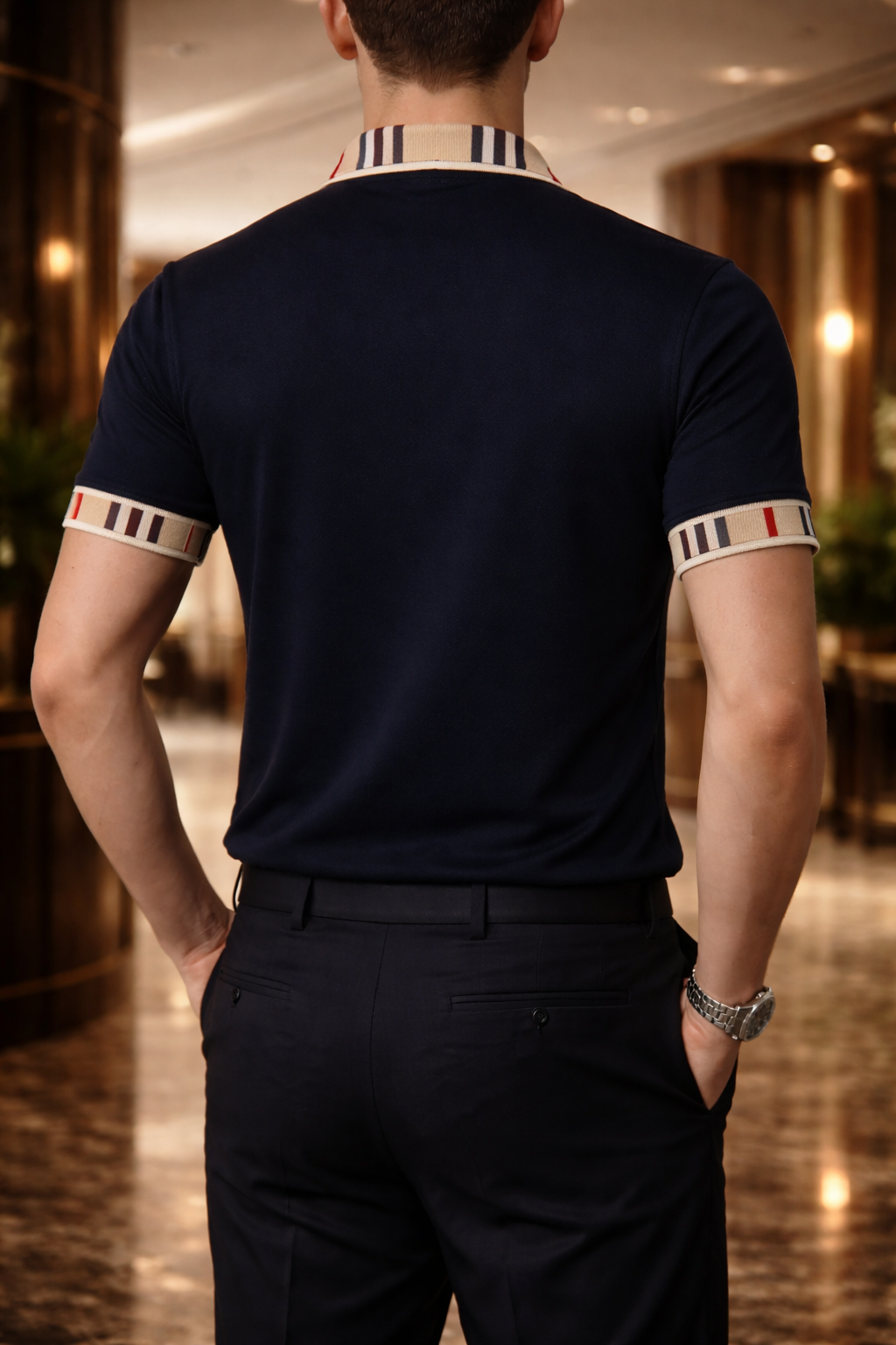 Playera Polo Hombre Slim Fit Azul Marino Detalle Beige