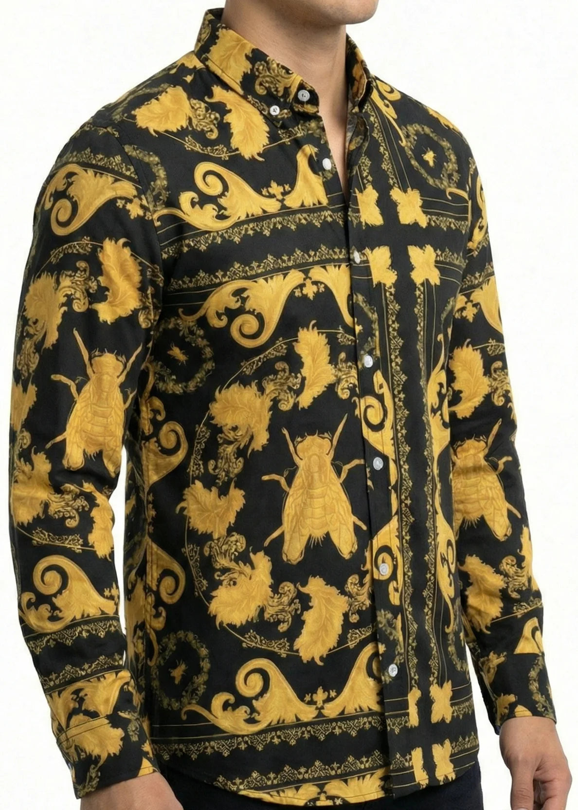 Camisa Hombre Casual Negra Floreada Insecto Dorado Barroco