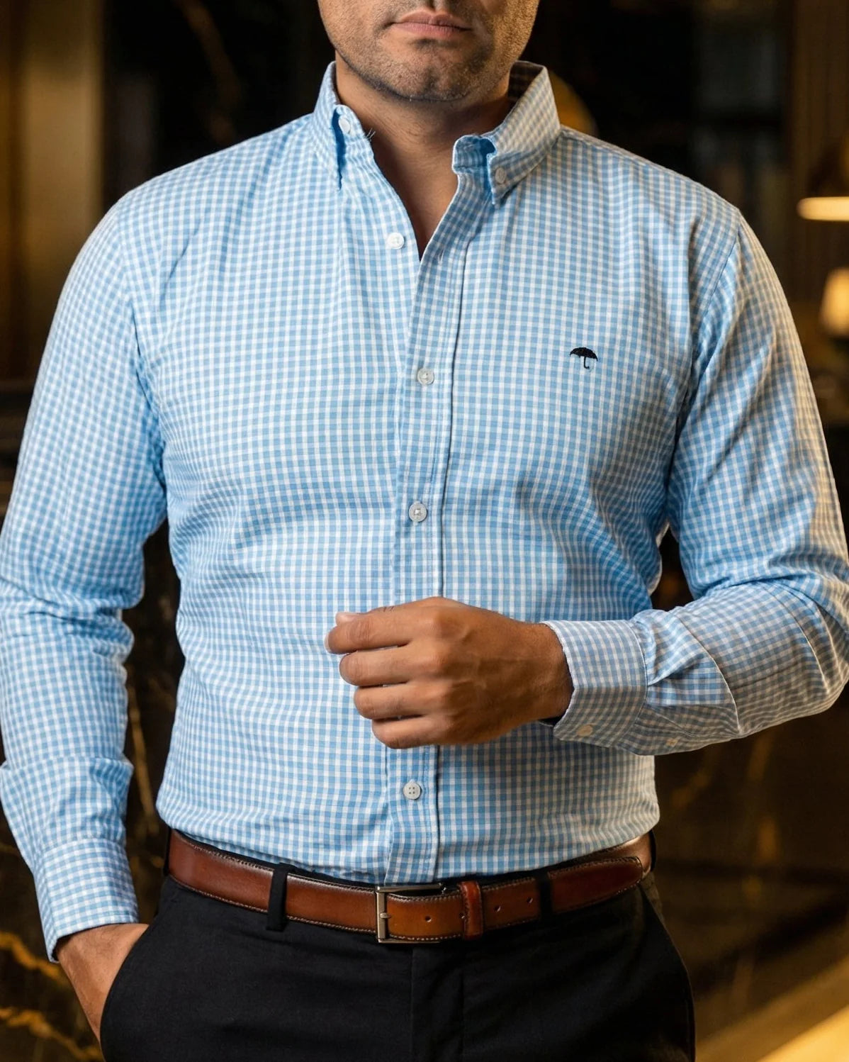 Camisa Hombre Casual Mini Cuadros Azul Blanco