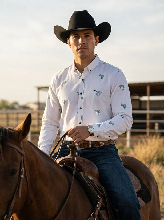 Camisa Hombre Casual Blanca Mini Figuras Tiburones