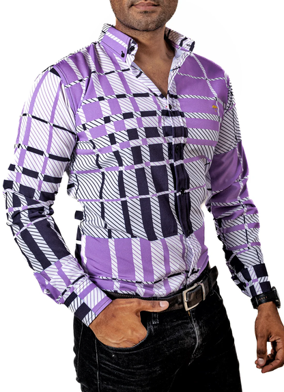 CAMISA HOMBRE CASUAL CUADROS MORADOS, BLANCOS, NEGROS