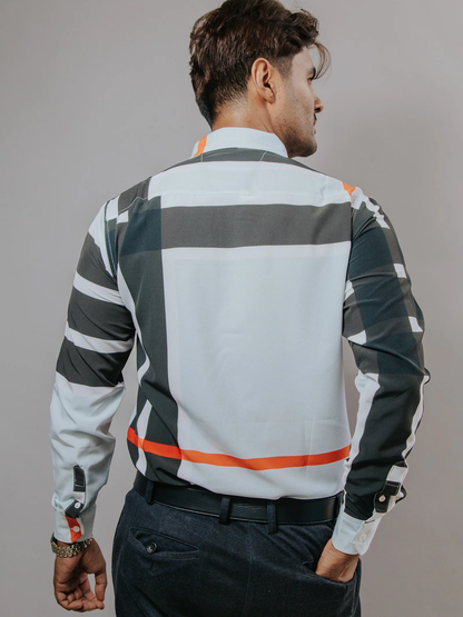 CAMISA HOMBRE SLIM FIT, AZUL CLARO LÍNEAS NEGRO Y NARANJA