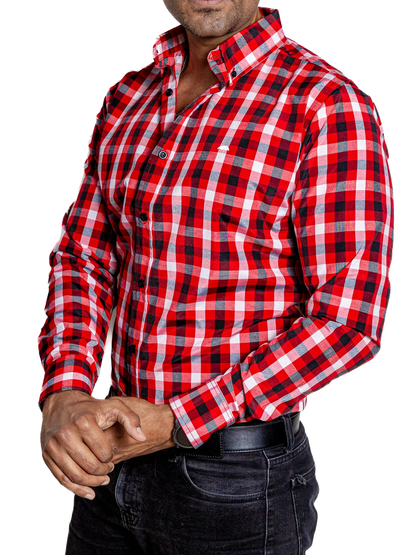 CAMISA HOMBRE CASUAL CUADROS ROJOS, NEGROS, BLANCOS