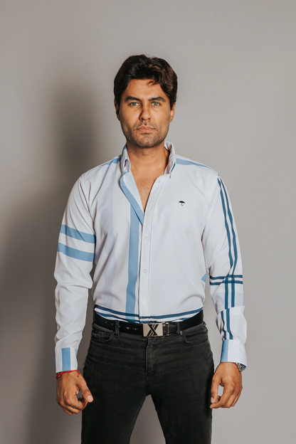 CAMISA HOMBRE SLIM FIT, FRANJAS AZULES Y LILA