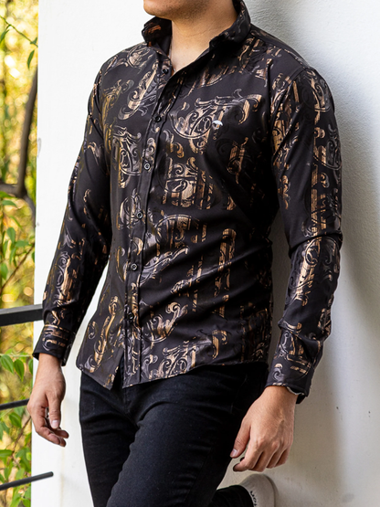 CAMISA HOMBRE CASUAL SLIM FIT NEGRA FIGURAS BRONCE TORNASOL