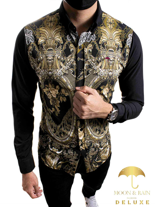 CAMISA  SLIM FIT NEGRA FIGURAS FLORES DORADAS