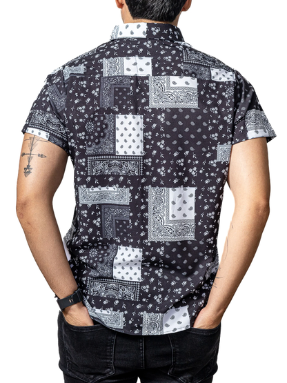 CAMISA HOMBRE CASUAL MANGA CORTA NEGRA CUADROS BLANCOS