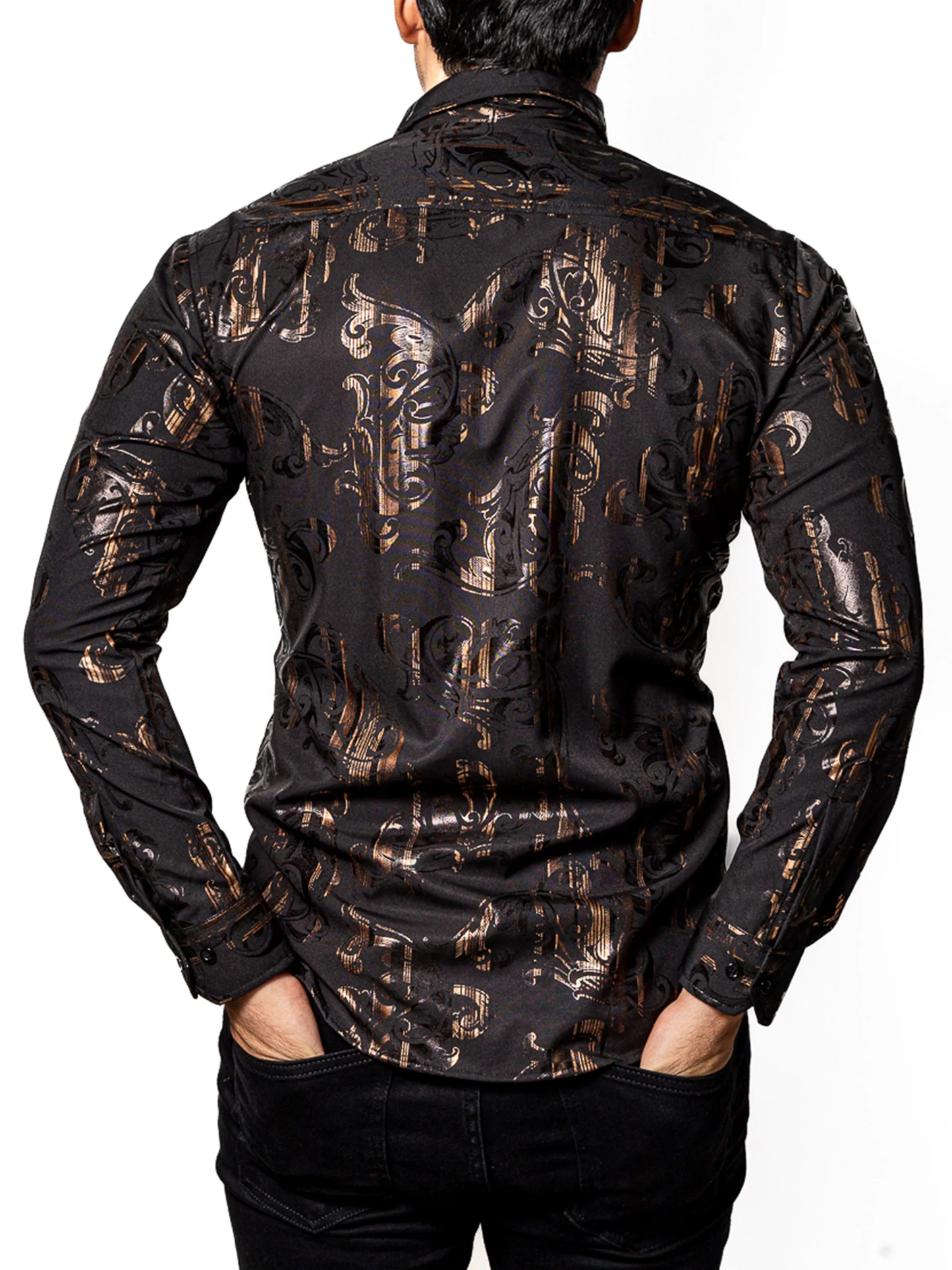 CAMISA HOMBRE CASUAL SLIM FIT NEGRA FIGURAS BRONCE TORNASOL