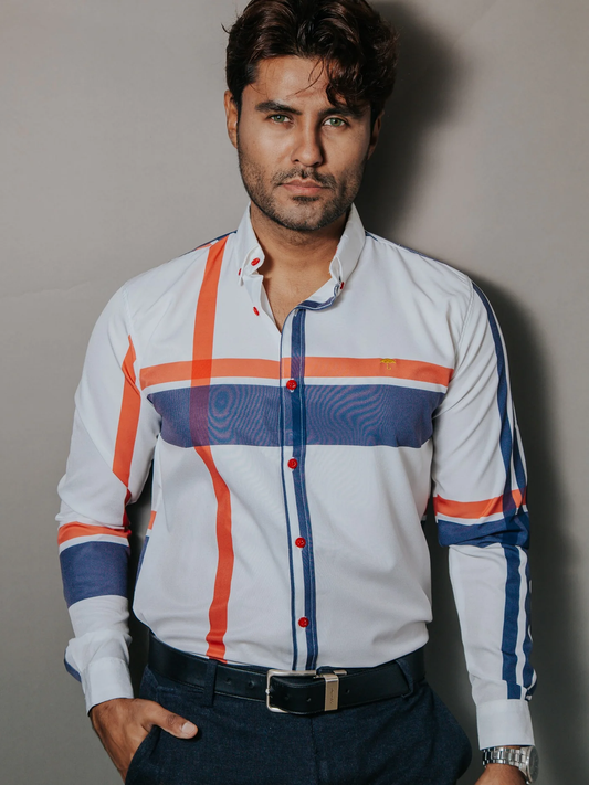 CAMISA HOMBRE CASUAL COLOR HUESO LÍNEAS AZUL Y ROJO