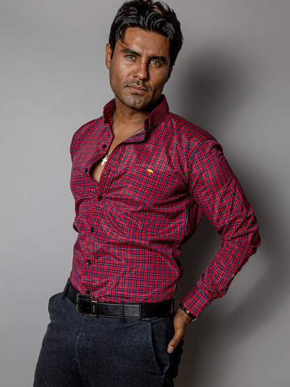 CAMISA CASUAL HOMBRE,ROJA MICROCUADRO AZUL MARINO