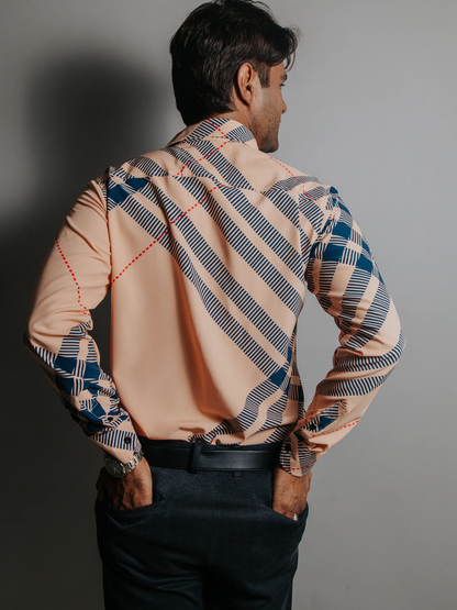 CAMISA HOMBRE SLIM FIT, MELON CUADRO AZUL MARINO LÍNEA ROJA