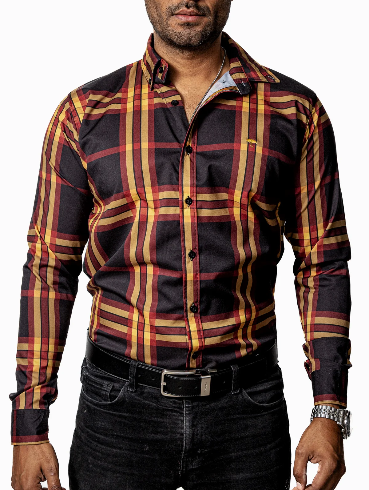 CAMISA CASUAL HOMBRE, NEGRA LÍNEAS ROJA Y AMARILLA