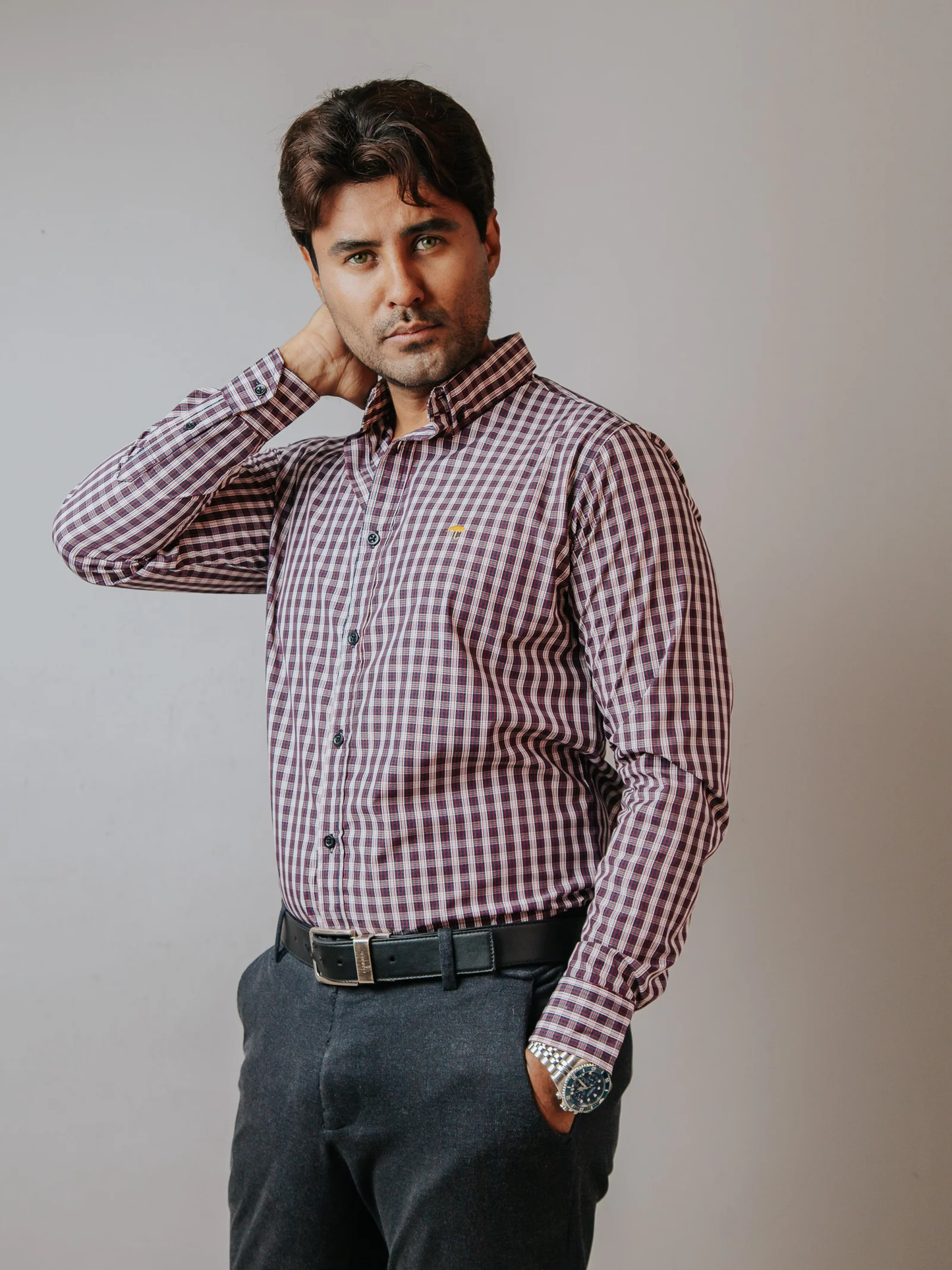 CAMISA HOMBRE SLIM FIT, MINICUADRO ROJO AZUL MARINO Y BLANCO
