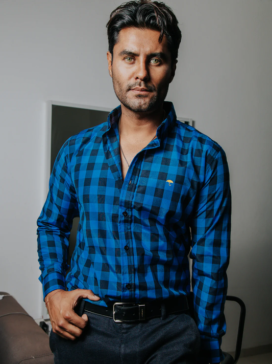 CAMISA SLIM FIT HOMBRE AZUL MARINO CUADROS NEGRO