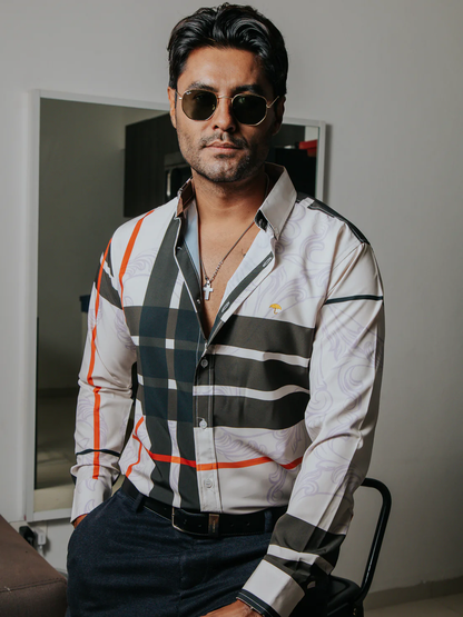 CAMISA CASUAL HOMBRE CREMA LÍNEAS CHOCOLATE NARANJA FLORES