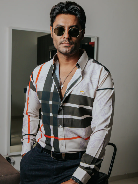 CAMISA CASUAL HOMBRE CREMA LÍNEAS CHOCOLATE NARANJA FLORES