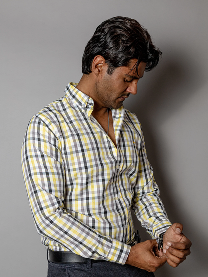 CAMISA SLIM FIT HOMBRE, CUADROS AMARILLO NEGRO Y GRIS