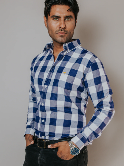 CAMISA CASUAL HOMBRE,CUADROS AZUL MARINO Y BLANCO