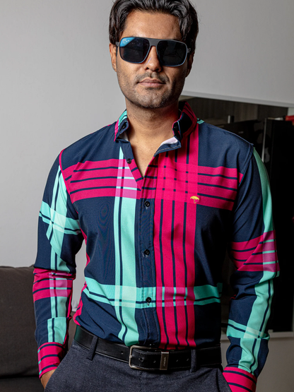 CAMISA CASUAL HOMBRE,AZUL MARINO LÍNEAS ROSA Y AZUL TURQUESA