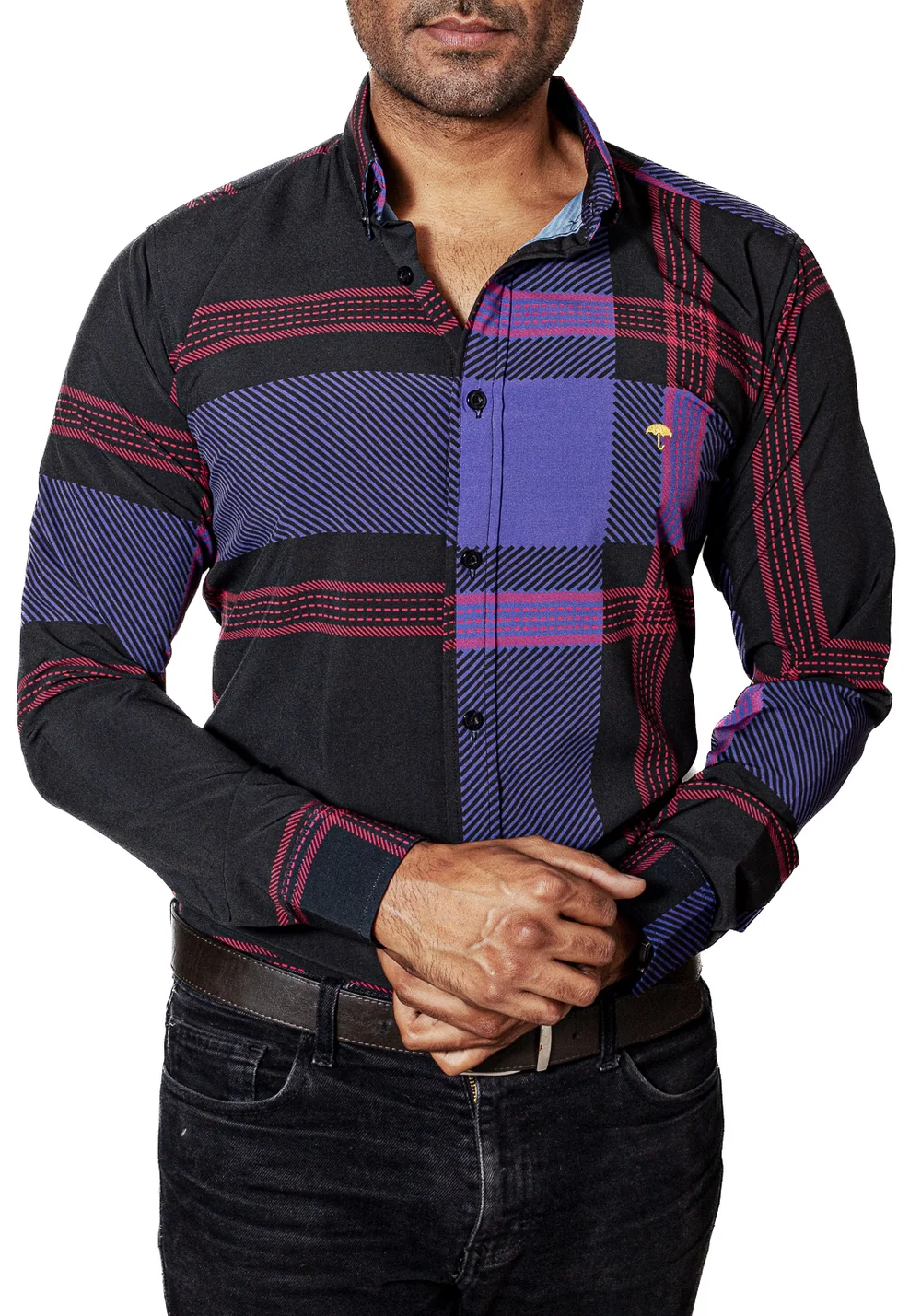 CAMISA HOMBRE CASUAL NEGRA RAYAS MORADA, ROJA