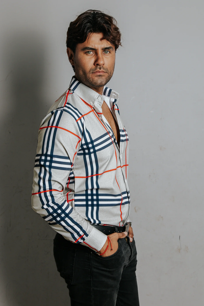 CAMISA HOMBRE SLIM FIT, GRIS CUADRO BLANCO Y AZUL LÍNEA NARANJA