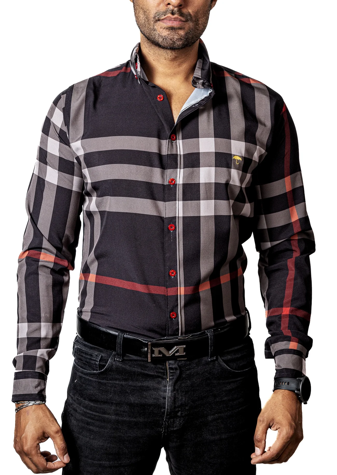 CAMISA HOMBRE CASUAL NEGRA RAYAS GRIS, ROJAS