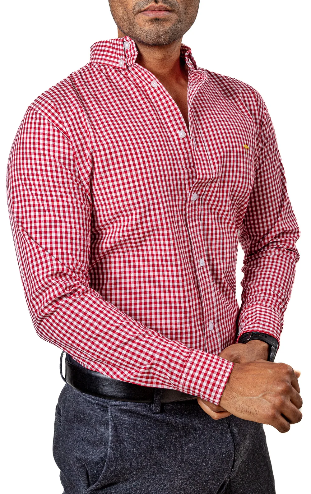 CAMISA HOMBRE CASUAL SLIM FIT MINI CUADROS BLANCOS, ROJOS