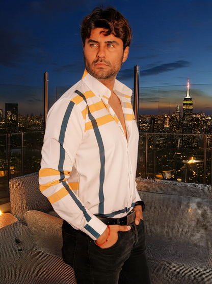 CAMISA HOMBRE SLIM FIT LÍNEAS AMARILLO Y AZUL MARINO