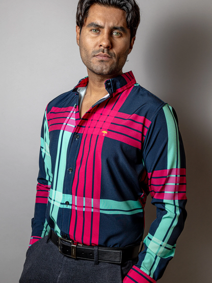 CAMISA CASUAL HOMBRE,AZUL MARINO LÍNEAS ROSA Y AZUL TURQUESA