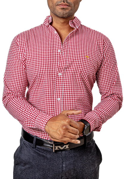 CAMISA HOMBRE CASUAL SLIM FIT MINI CUADROS BLANCOS, ROJOS