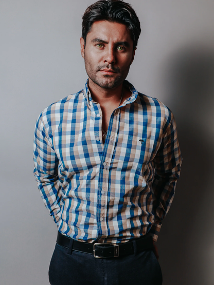 CAMISA SLIM FIT HOMBRE, BLANCA CUADROS AZUL Y ARENA