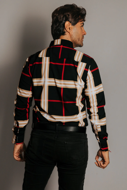 CAMISA HOMBRE SLIM FIT, CUADROS BEIGE ROJO Y BLANCO