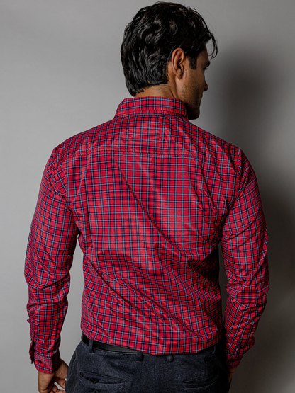CAMISA CASUAL HOMBRE,ROJA MICROCUADRO AZUL MARINO