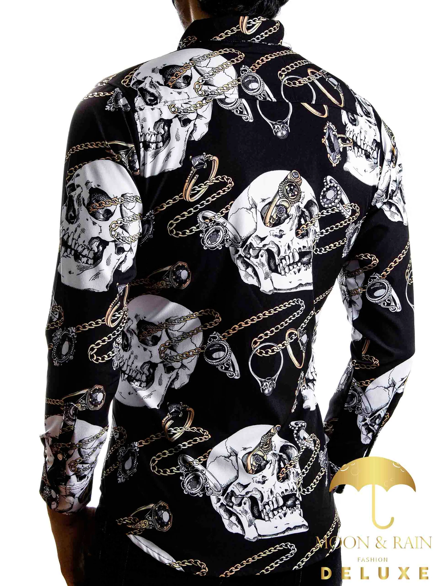 CAMISA HOMBRE SLIM FIT NEGRA CALAVERAS BLANCAS CADENAS