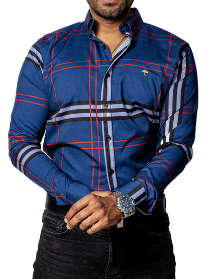 CAMISA HOMBRE CASUAL AZUL ACERO RAYAS NEGRAS, BLANCAS, ROJAS