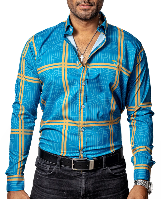 CAMISA CASUAL HOMBRE, AZUL LÍNEAS DORADAS Y BLANCAS