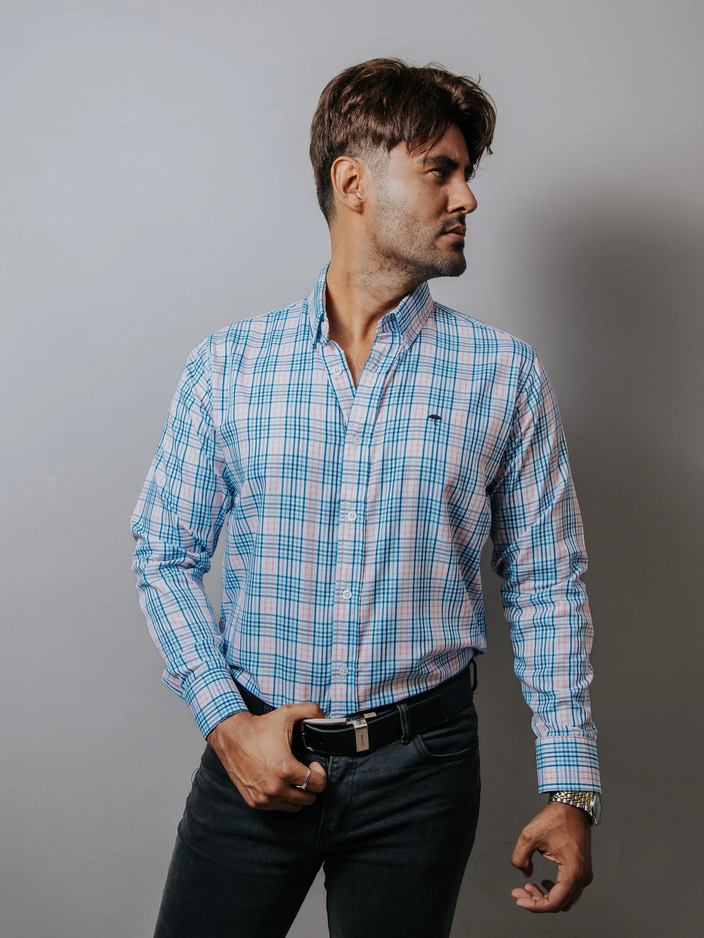 CAMISA HOMBRE SLIM FIT, CUADROS AZULES, GRISES