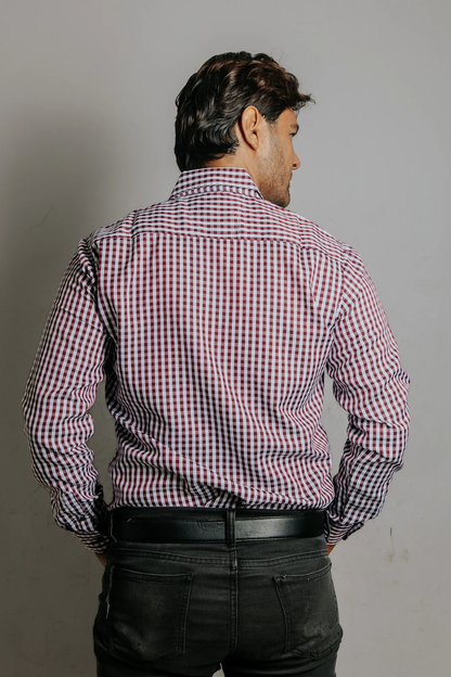 CAMISA HOMBRE SLIM FIT, CUADROS VINO Y BLANCO