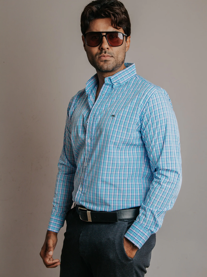 CAMISA HOMBRE SLIM FIT, MICROCUADRO ROSA TURQUESA Y AZUL