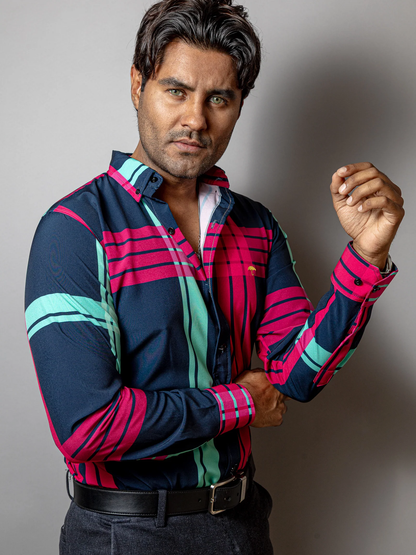 CAMISA CASUAL HOMBRE,AZUL MARINO LÍNEAS ROSA Y AZUL TURQUESA