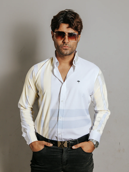 CAMISA HOMBRE SLIM FIT, LÍNEAS AZUL Y AMARILLA