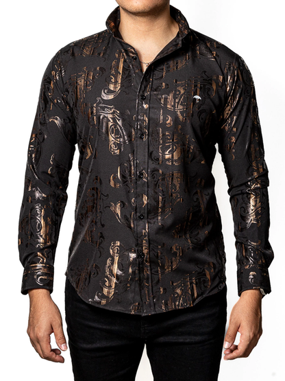 CAMISA HOMBRE CASUAL SLIM FIT NEGRA FIGURAS BRONCE TORNASOL