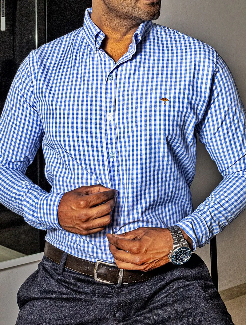 CAMISA HOMBRE CASUAL MINI CUADROS AZUL CLARO, BLANCOS