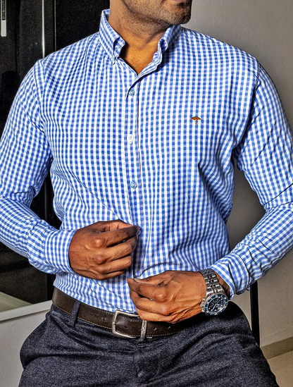 CAMISA HOMBRE CASUAL MINI CUADROS AZUL CLARO, BLANCOS