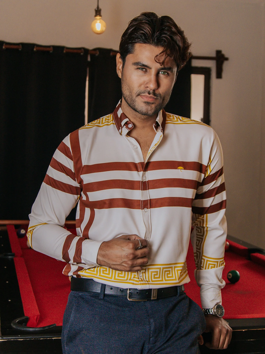 CAMISA HOMBRE SLIM FIT MARFIL DETALLE GRIEGO DORADO