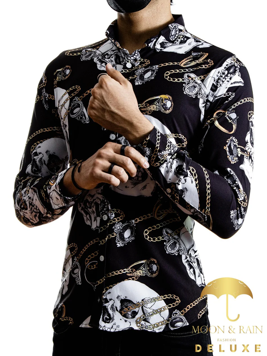CAMISA HOMBRE SLIM FIT NEGRA CALAVERAS BLANCAS CADENAS