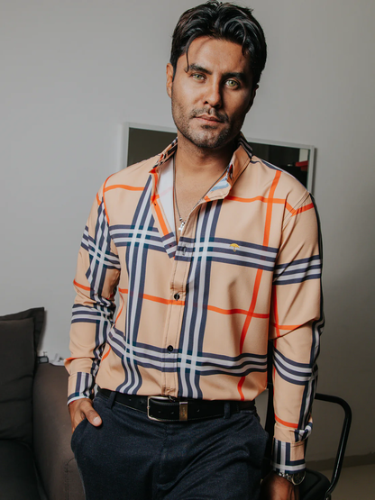 CAMISA SLIM FIT HOMBRE, MELÓN LÍNEAS NARANJA, NEGRA Y BLANCA