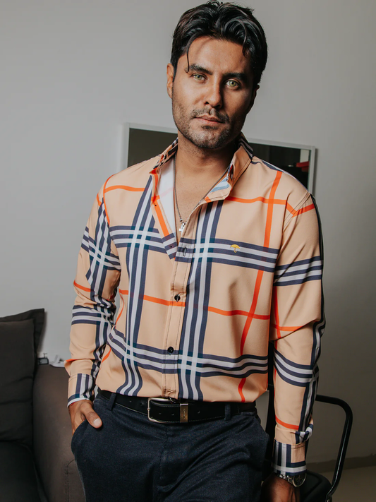 CAMISA SLIM FIT HOMBRE, MELÓN LÍNEAS NARANJA, NEGRA Y BLANCA